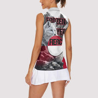 Greenland Women Sleeveless Polo Shirt with Arctic Fox, Mountains, and Frozen Yet Fierce Text Design