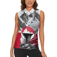 Greenland Women Sleeveless Polo Shirt with Arctic Fox, Mountains, and Frozen Yet Fierce Text Design