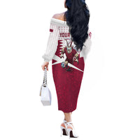 Personalized Qatar Soccer Off The Shoulder Long Sleeve Dress Arabian Oryx Football Mascot - Comic Art Geometric