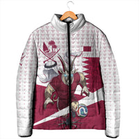 Personalized Qatar Soccer Padded Jacket Arabian Oryx Football Mascot - Comic Art Geometric