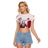 Personalized Qatar Soccer Raglan Cropped T Shirt Arabian Oryx Football Mascot - Comic Art Geometric