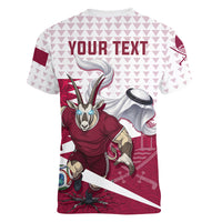 Personalized Qatar Soccer Women V-Neck T-Shirt Arabian Oryx Football Mascot - Comic Art Geometric