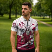 Personalized Qatar Soccer Zipper Polo Shirt Arabian Oryx Football Mascot - Comic Art Geometric