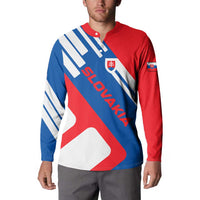 Slovakia – Red Blue White Geometric Flag Design Button Sweatshirt with National Crest