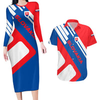 Slovakia – Red Blue White Geometric Flag Design Couples Matching Long Sleeve Bodycon Dress and Hawaiian Shirt with National Crest