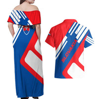 Slovakia – Red Blue White Geometric Flag Design Couples Matching Off Shoulder Maxi Dress and Hawaiian Shirt with National Crest