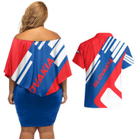 Slovakia – Red Blue White Geometric Flag Design Couples Matching Off Shoulder Short Dress and Hawaiian Shirt with National Crest