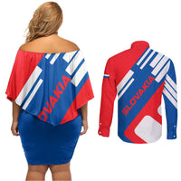 Slovakia – Red Blue White Geometric Flag Design Couples Matching Off Shoulder Short Dress and Long Sleeve Button Shirt with National Crest