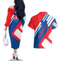Slovakia – Red Blue White Geometric Flag Design Couples Matching Off The Shoulder Long Sleeve Dress and Hawaiian Shirt with National Crest