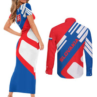 Slovakia – Red Blue White Geometric Flag Design Couples Matching Short Sleeve Bodycon Dress and Long Sleeve Button Shirt with National Crest