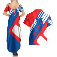Slovakia – Red Blue White Geometric Flag Design Couples Matching Summer Maxi Dress and Hawaiian Shirt with National Crest