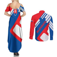 Slovakia – Red Blue White Geometric Flag Design Couples Matching Summer Maxi Dress and Long Sleeve Button Shirt with National Crest