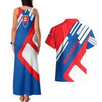 Slovakia – Red Blue White Geometric Flag Design Couples Matching Tank Maxi Dress and Hawaiian Shirt with National Crest