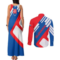 Slovakia – Red Blue White Geometric Flag Design Couples Matching Tank Maxi Dress and Long Sleeve Button Shirt with National Crest
