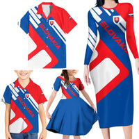 Slovakia – Red Blue White Geometric Flag Design Family Matching Long Sleeve Bodycon Dress and Hawaiian Shirt with National Crest