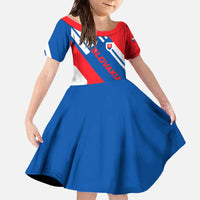 Slovakia – Red Blue White Geometric Flag Design Family Matching Off The Shoulder Long Sleeve Dress and Hawaiian Shirt with National Crest