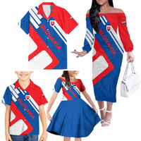 Slovakia – Red Blue White Geometric Flag Design Family Matching Off The Shoulder Long Sleeve Dress and Hawaiian Shirt with National Crest