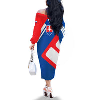Slovakia – Red Blue White Geometric Flag Design Family Matching Off The Shoulder Long Sleeve Dress and Hawaiian Shirt with National Crest