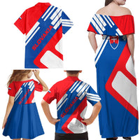 Slovakia – Red Blue White Geometric Flag Design Family Matching Off Shoulder Maxi Dress and Hawaiian Shirt with National Crest
