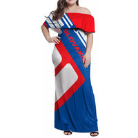 Slovakia – Red Blue White Geometric Flag Design Family Matching Off Shoulder Maxi Dress and Hawaiian Shirt with National Crest