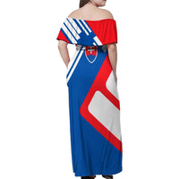 Slovakia – Red Blue White Geometric Flag Design Family Matching Off Shoulder Maxi Dress and Hawaiian Shirt with National Crest