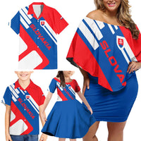 Slovakia – Red Blue White Geometric Flag Design Family Matching Off Shoulder Short Dress and Hawaiian Shirt with National Crest