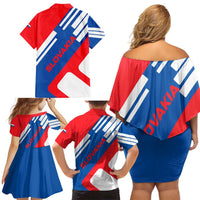 Slovakia – Red Blue White Geometric Flag Design Family Matching Off Shoulder Short Dress and Hawaiian Shirt with National Crest