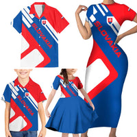 Slovakia – Red Blue White Geometric Flag Design Family Matching Short Sleeve Bodycon Dress and Hawaiian Shirt with National Crest