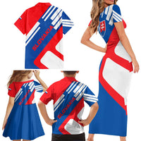 Slovakia – Red Blue White Geometric Flag Design Family Matching Short Sleeve Bodycon Dress and Hawaiian Shirt with National Crest