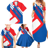 Slovakia – Red Blue White Geometric Flag Design Family Matching Summer Maxi Dress and Hawaiian Shirt with National Crest