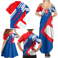 Slovakia – Red Blue White Geometric Flag Design Family Matching Summer Maxi Dress and Hawaiian Shirt with National Crest
