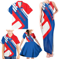Slovakia – Red Blue White Geometric Flag Design Family Matching Tank Maxi Dress and Hawaiian Shirt with National Crest
