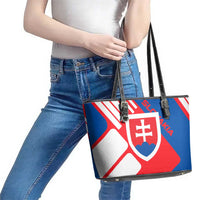 Slovakia – Red Blue White Geometric Flag Design Leather Tote Bag with National Crest