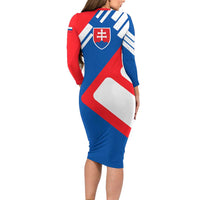 Slovakia – Red Blue White Geometric Flag Design Long Sleeve Bodycon Dress with National Crest