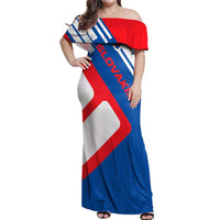 Slovakia – Red Blue White Geometric Flag Design Off Shoulder Maxi Dress with National Crest