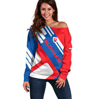 Slovakia – Red Blue White Geometric Flag Design Off Shoulder Sweater with National Crest