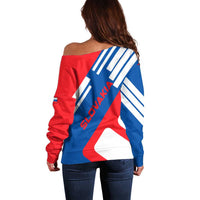 Slovakia – Red Blue White Geometric Flag Design Off Shoulder Sweater with National Crest