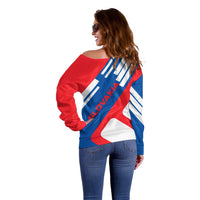 Slovakia – Red Blue White Geometric Flag Design Off Shoulder Sweater with National Crest