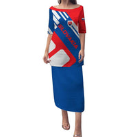 Slovakia – Red Blue White Geometric Flag Design Puletasi with National Crest