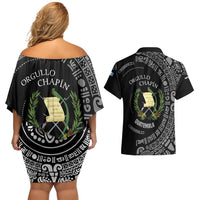 Guatemala National Emblem Couples Matching Off Shoulder Short Dress and Hawaiian Shirt with Mayan Pattern and Orgullo Chapin Quote Design - Wonder Print Shop