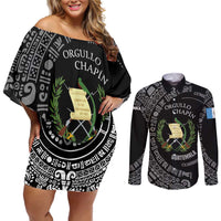 Guatemala National Emblem Couples Matching Off Shoulder Short Dress and Long Sleeve Button Shirt with Mayan Pattern and Orgullo Chapin Quote Design - Wonder Print Shop