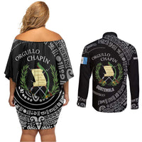 Guatemala National Emblem Couples Matching Off Shoulder Short Dress and Long Sleeve Button Shirt with Mayan Pattern and Orgullo Chapin Quote Design - Wonder Print Shop