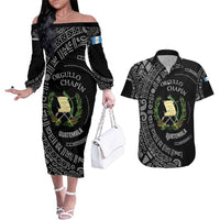Guatemala National Emblem Couples Matching Off The Shoulder Long Sleeve Dress and Hawaiian Shirt with Mayan Pattern and Orgullo Chapin Quote Design - Wonder Print Shop