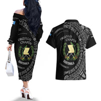 Guatemala National Emblem Couples Matching Off The Shoulder Long Sleeve Dress and Hawaiian Shirt with Mayan Pattern and Orgullo Chapin Quote Design - Wonder Print Shop