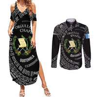 Guatemala National Emblem Couples Matching Summer Maxi Dress and Long Sleeve Button Shirt with Mayan Pattern and Orgullo Chapin Quote Design - Wonder Print Shop