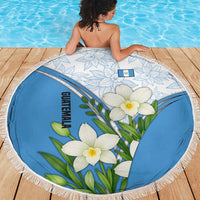 Guatemala White Monja Blanca Flower Beach Blanket with Blue Flag Theme and Floral Pattern Design - Wonder Print Shop