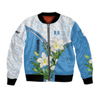 Guatemala White Monja Blanca Flower Bomber Jacket with Blue Flag Theme and Floral Pattern Design - Wonder Print Shop