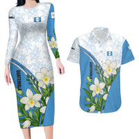 Guatemala White Monja Blanca Flower Couples Matching Long Sleeve Bodycon Dress and Hawaiian Shirt with Blue Flag Theme and Floral Pattern Design - Wonder Print Shop