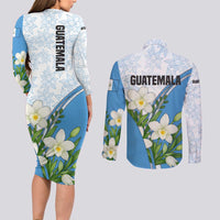 Guatemala White Monja Blanca Flower Couples Matching Long Sleeve Bodycon Dress and Long Sleeve Button Shirt with Blue Flag Theme and Floral Pattern Design - Wonder Print Shop
