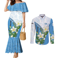 Guatemala White Monja Blanca Flower Couples Matching Mermaid Dress and Long Sleeve Button Shirt with Blue Flag Theme and Floral Pattern Design - Wonder Print Shop